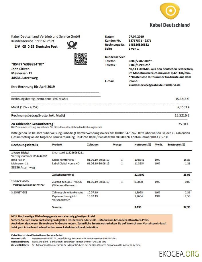 Germany TV Cabel utility bill